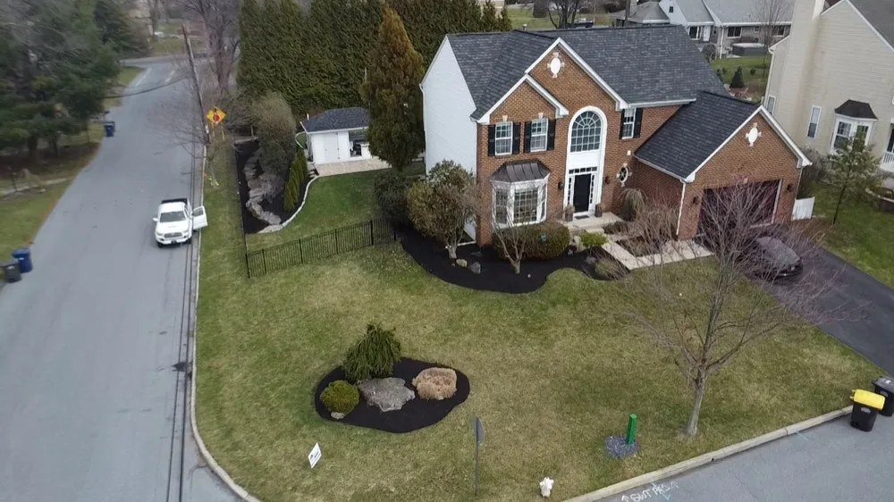 Aerial view of a complete front-yard landscape renovation