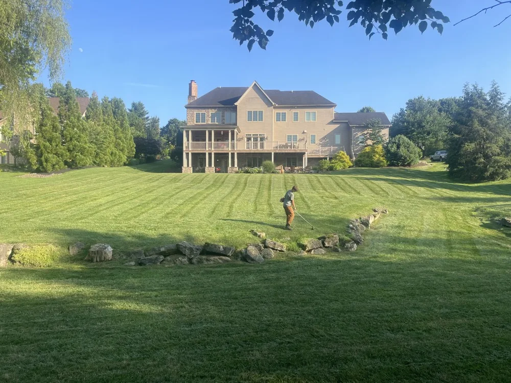 Freshly striped lawn mowing alongside a dry-stack stone wall