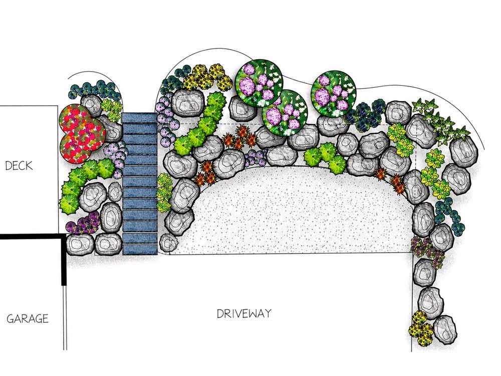 CAD landscape design rendering showing a planned planting bed layout along a driveway